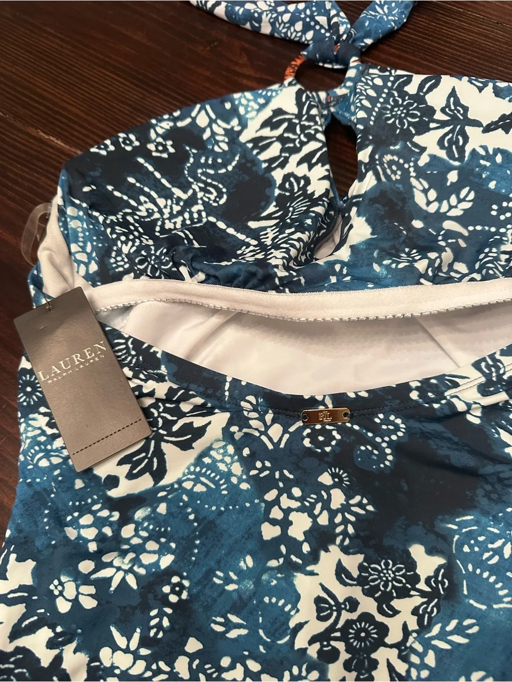Lauren Ralph Lauren Blue and White Floral Halter One-Piece Swimsuit